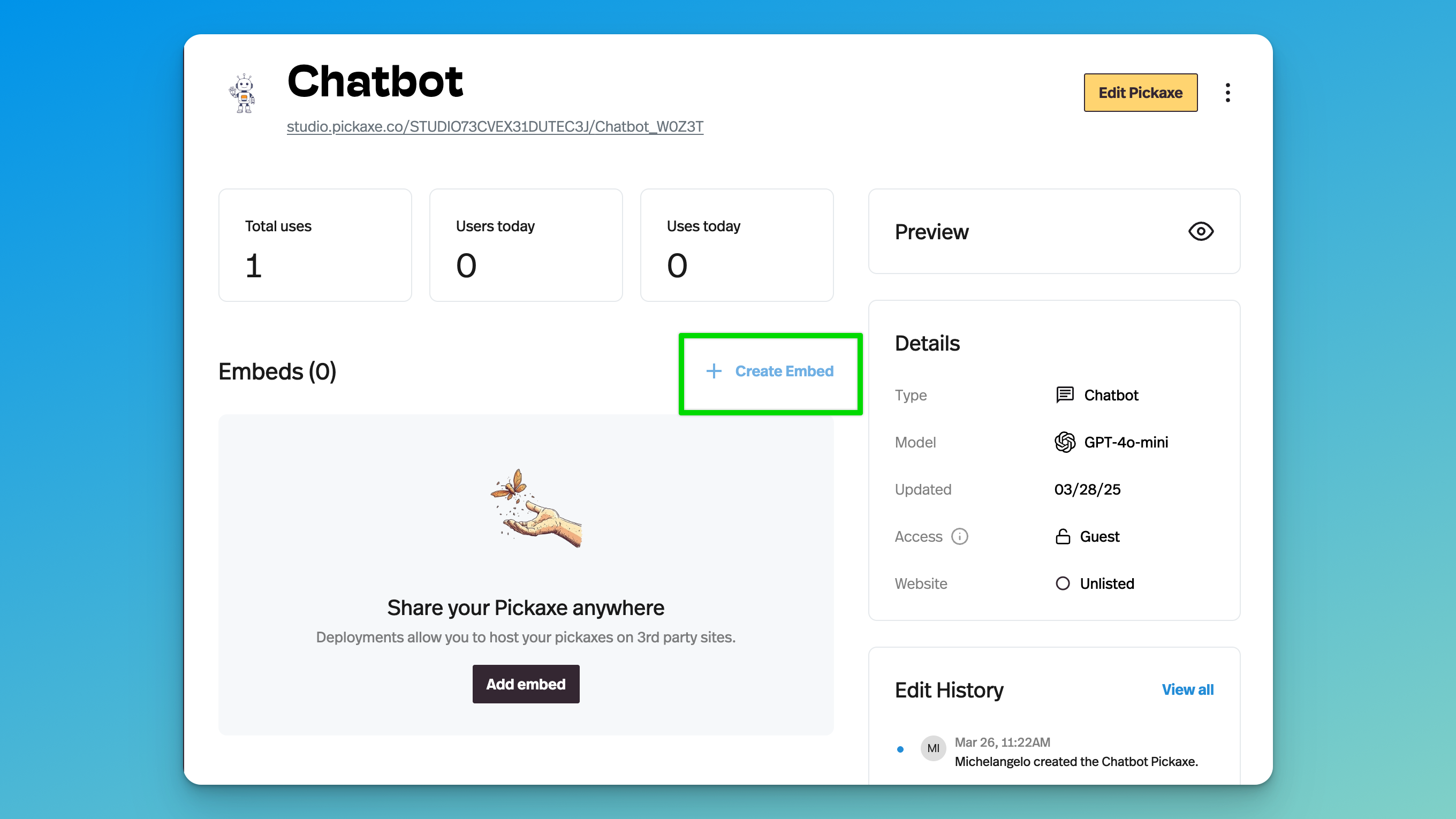 A screenshot of the interface for creating new embedded AI chatbots on Pickaxe.