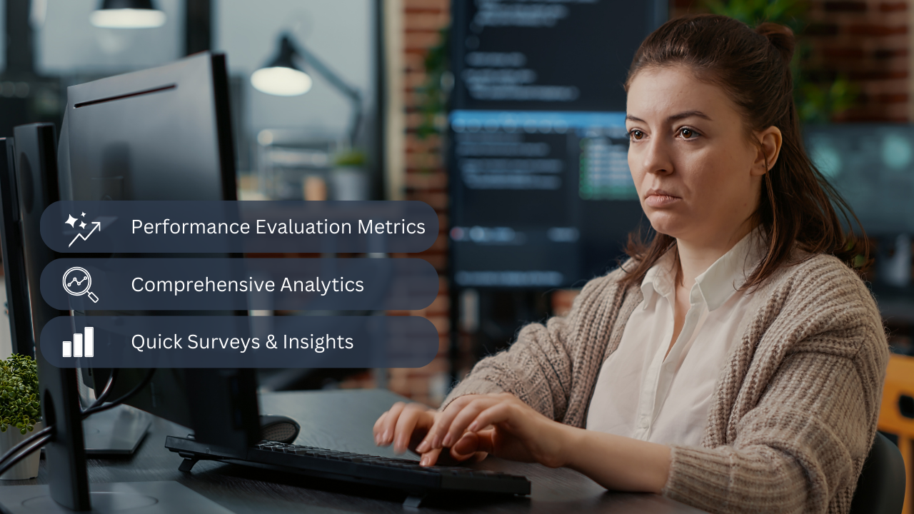 A women working on PC with the Fluid AI platform evaluating the insights, usage report & analytical data provided to analyse and review performance.