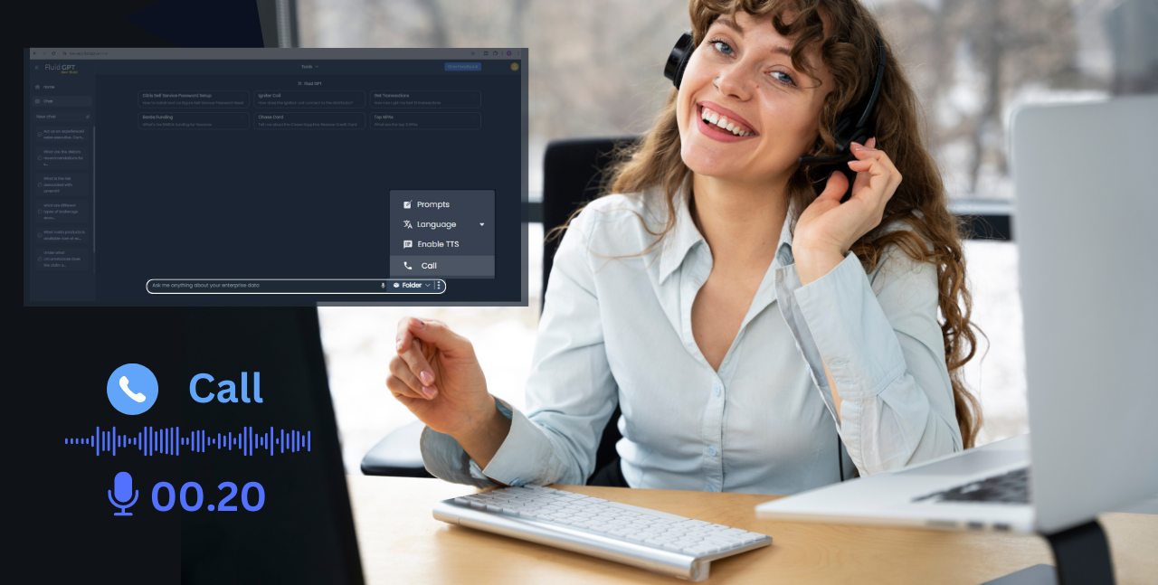 A women employee working on a laptop with her headphones on getting assistance with the Fuid AI voice calling bot for her daily workflow.