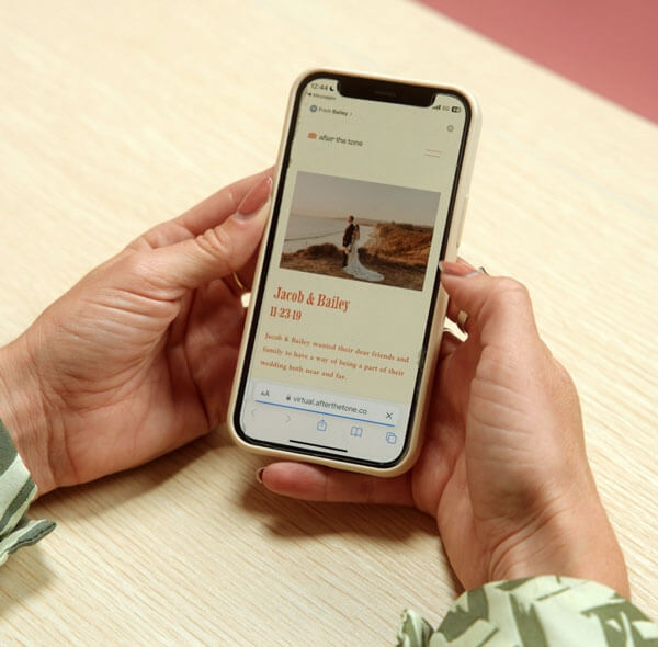 hand holding mobile phone showing virtual audio guestbook