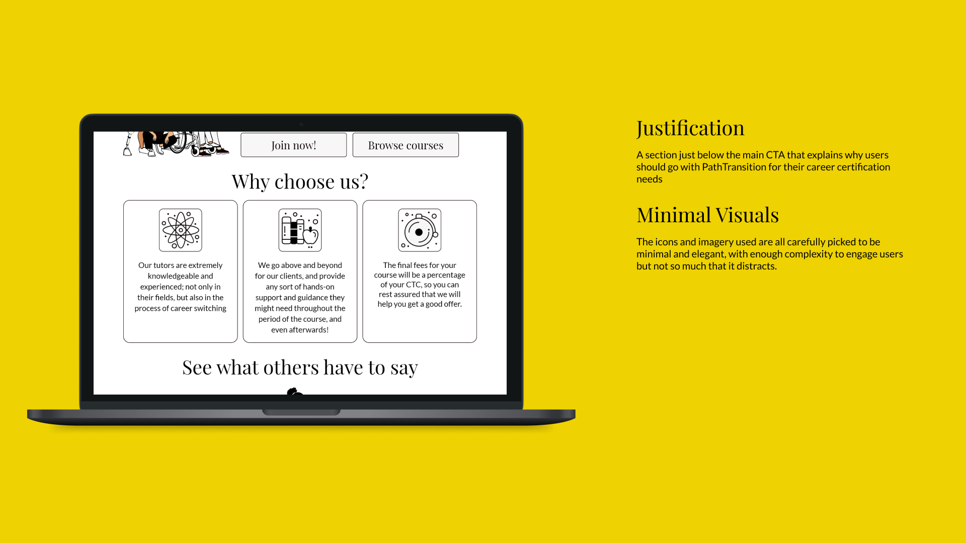 Justification - A section just below the main CTA that explains why users should go with PathTransition for their career certification needs