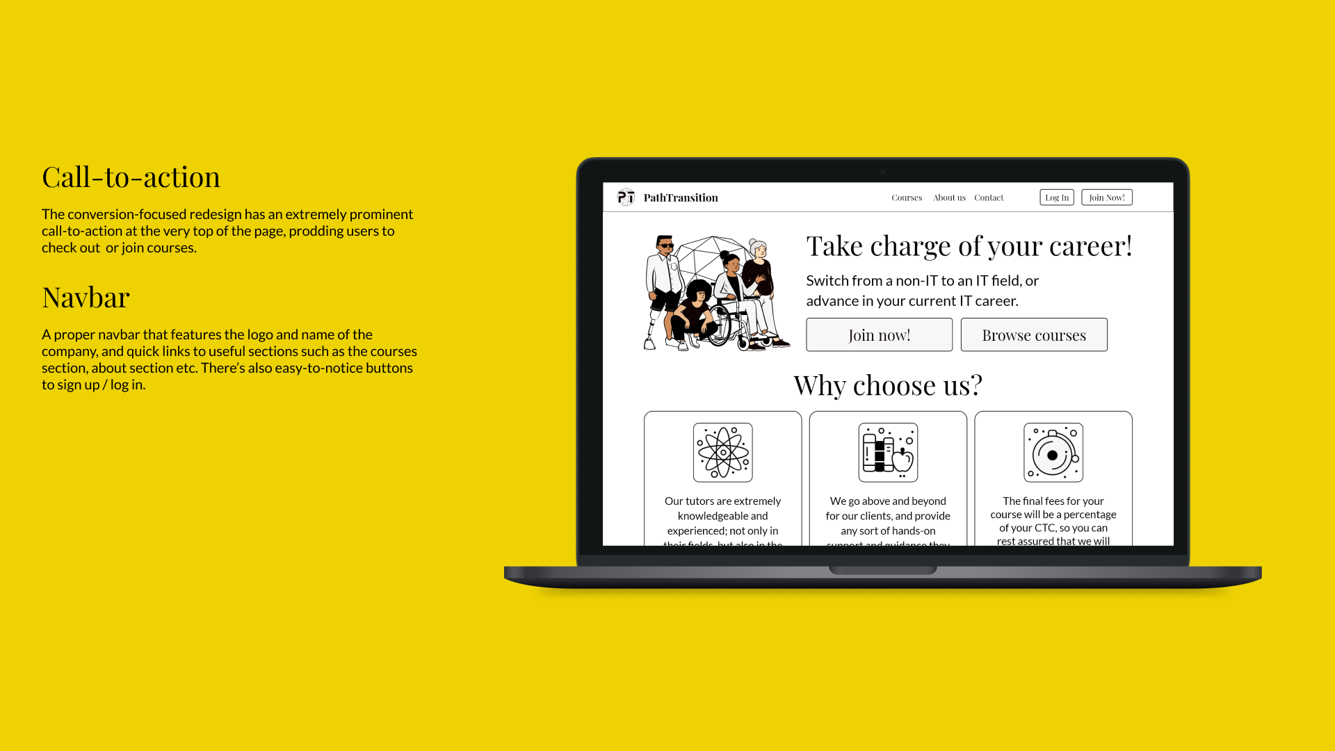 CTA - The conversion-focused redesign has an extremely prominent call-to-action at the very top of the page, prodding users to check out or join courses.