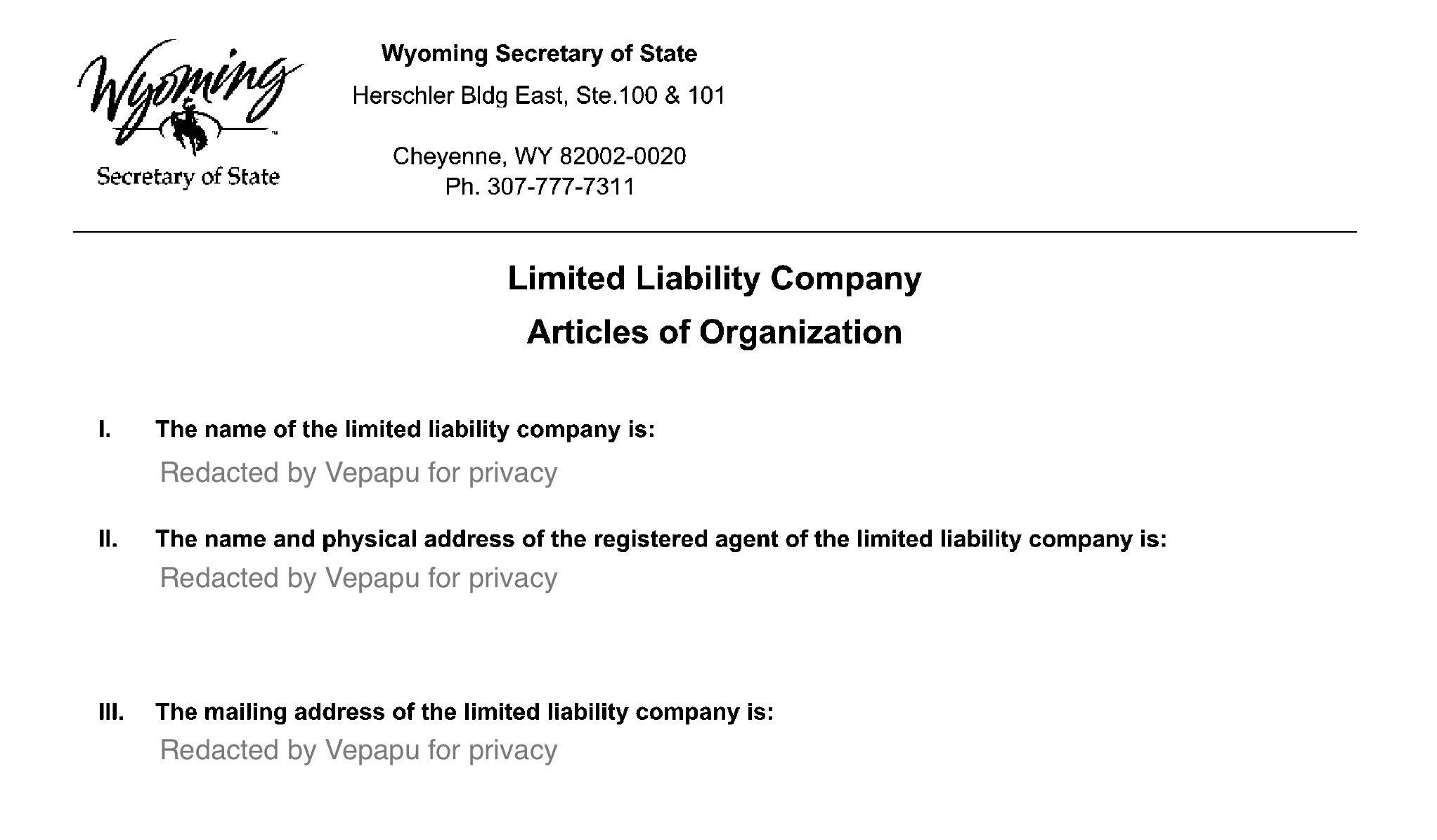 Wyoming LLC Incorporation Certificate (Articles of Organization)