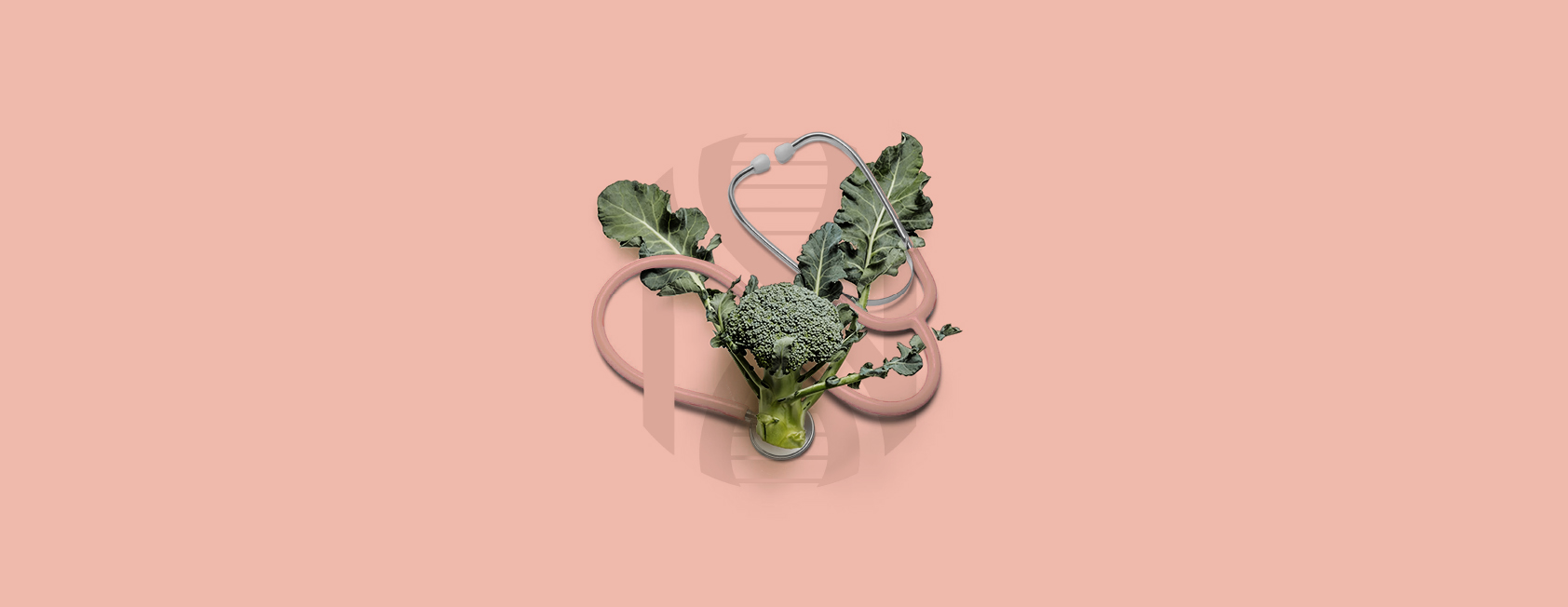 broccoli and a stethoscope intertwined on a salmon pink background