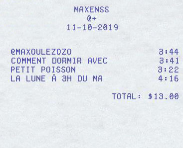 ticket de caisse présentant la tracklist de l'album de maxence