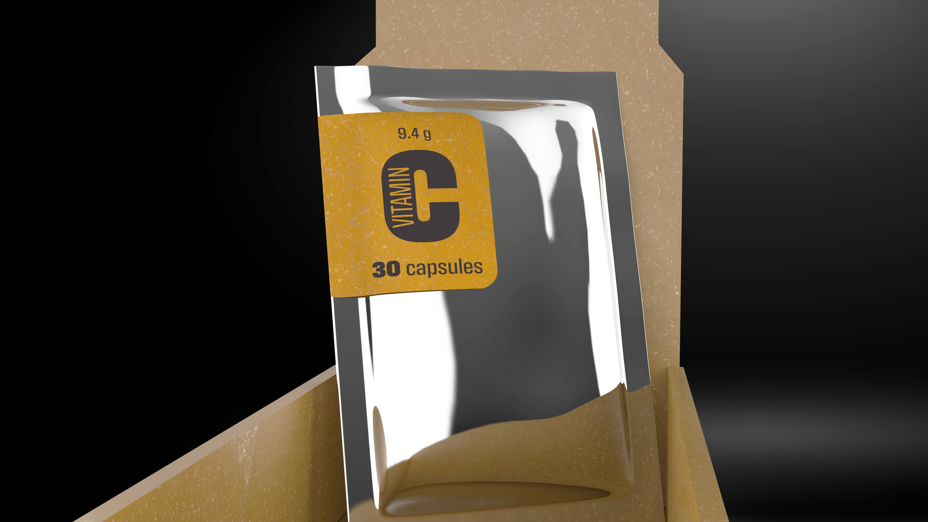 Close up of shiny vitamin packet with yellow vitamin C label with carboard background