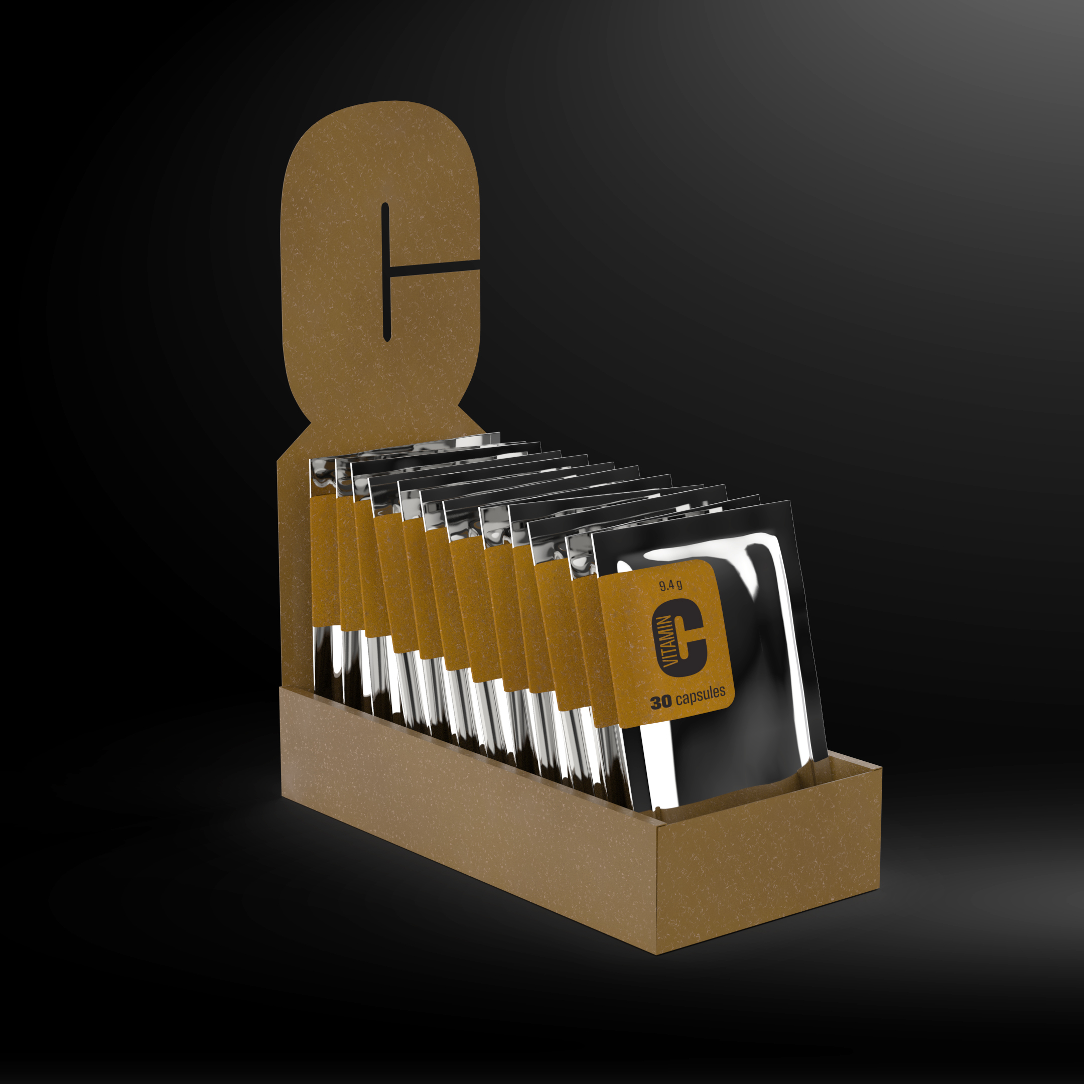 C vitamin shot with carboard point of purchase with vitamin packets