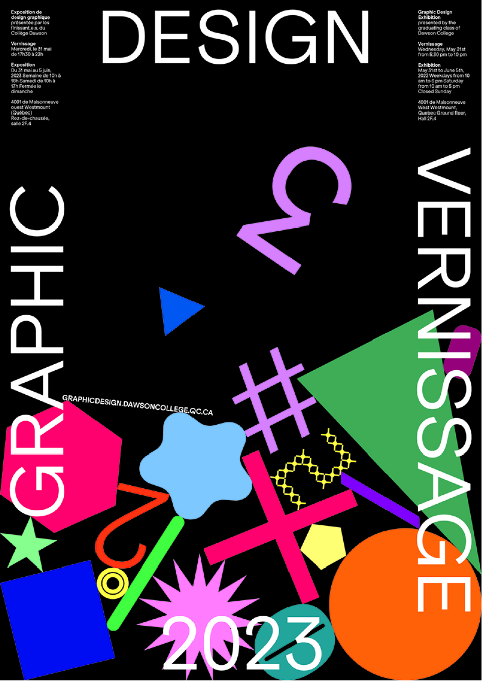 A graphic poster with black background, colorful shapes and white bold type.