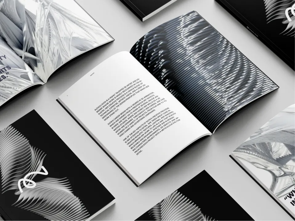 Open book spreads of a booklet for brand AVIA NOIA