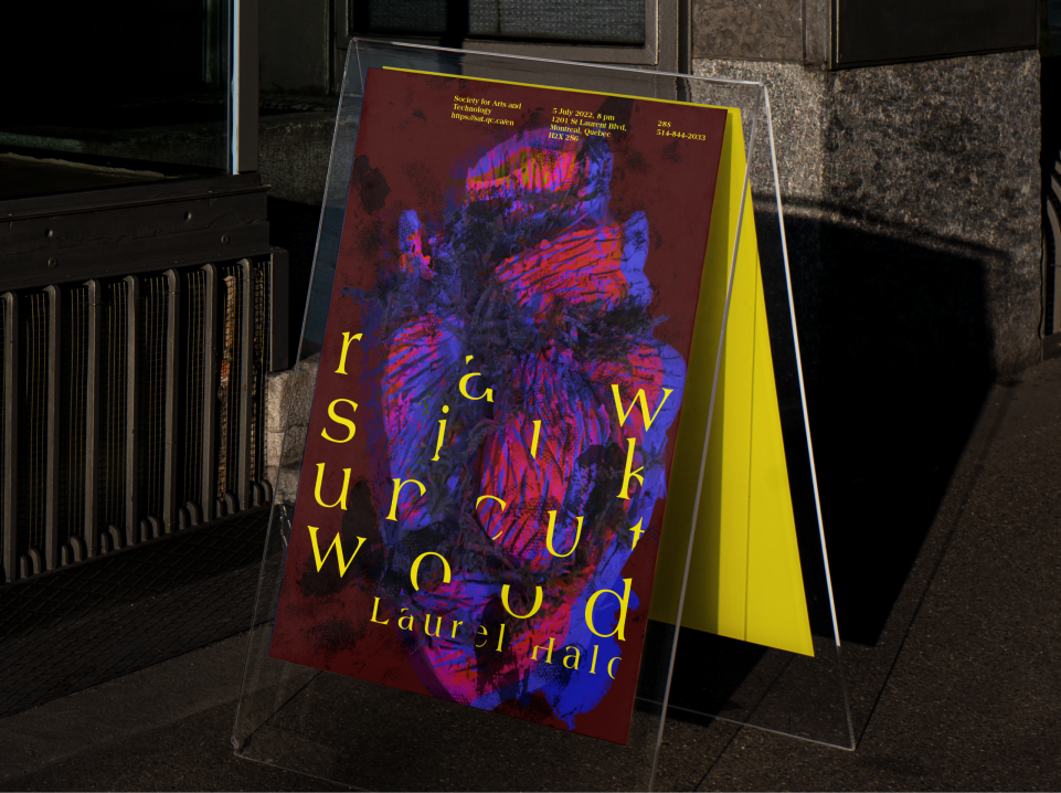 Cropped image of music poster, dark red background with a clay realistic heart in both blue and red with yellow type on a mockup with a second yellow background 