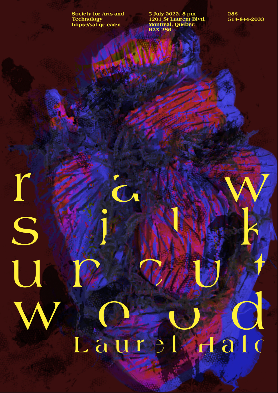 Cropped image of music poster, dark red background with a clay realistic heart in both blue and red with yellow type