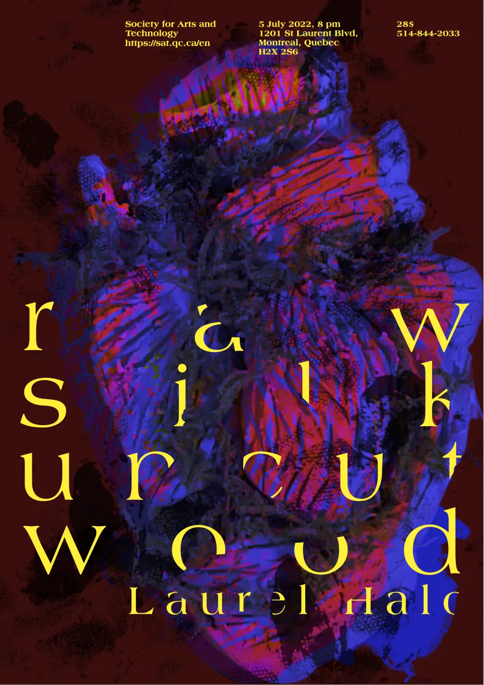 A large dark red poster with a clay heart that is both blue and pink with yellow overlayed type