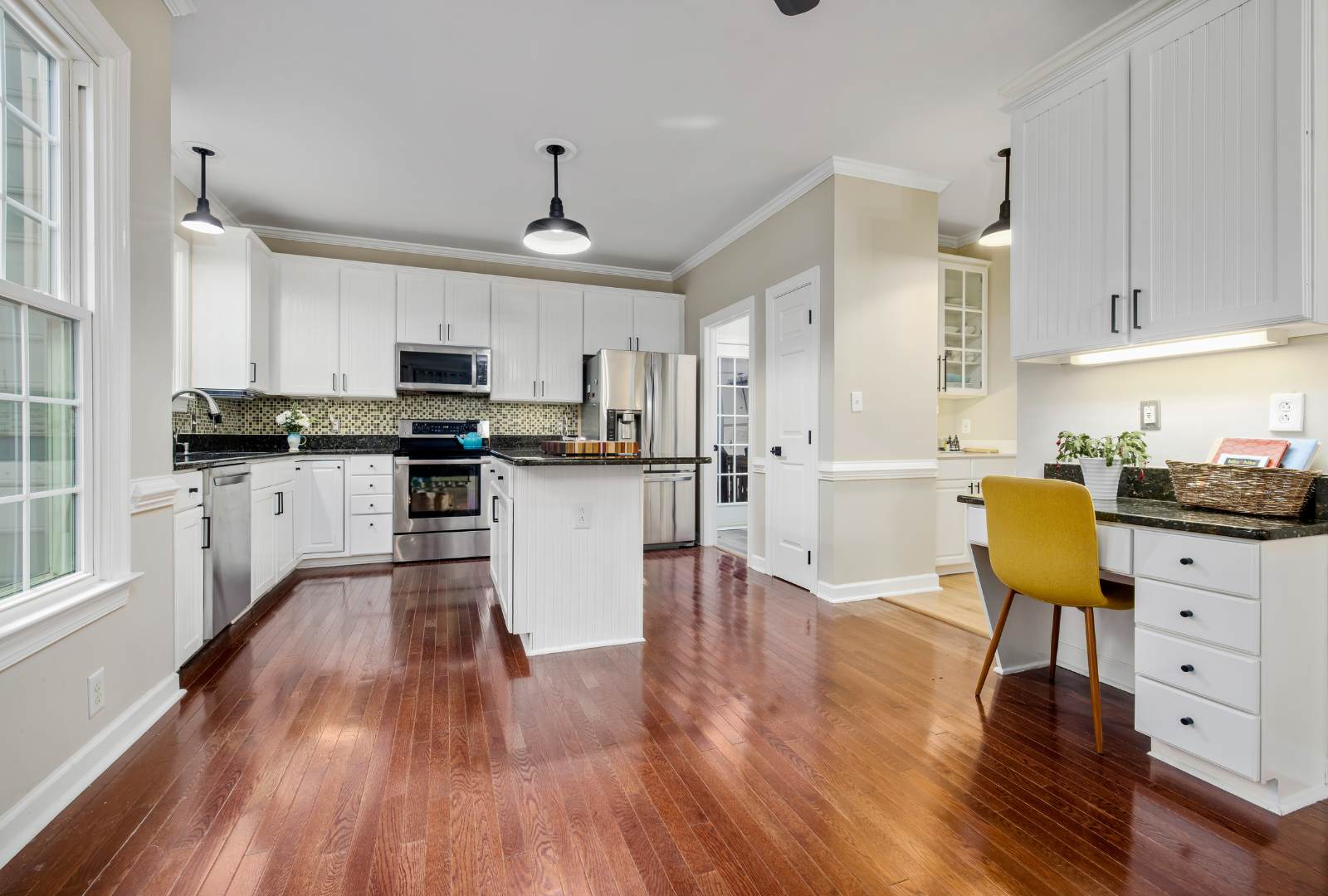 Open Plan Kitchen with Wooden Parquet Flooring