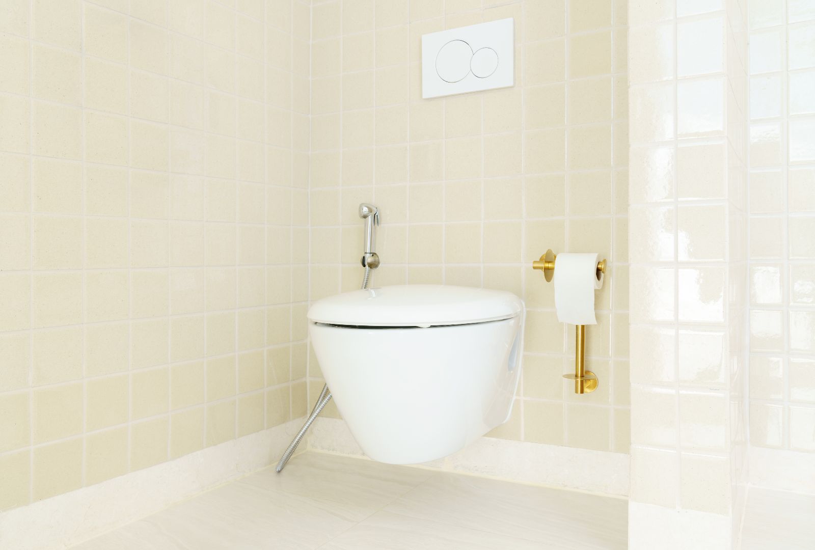 Wall-mounted toilet in the toilet room with ceramic tiles