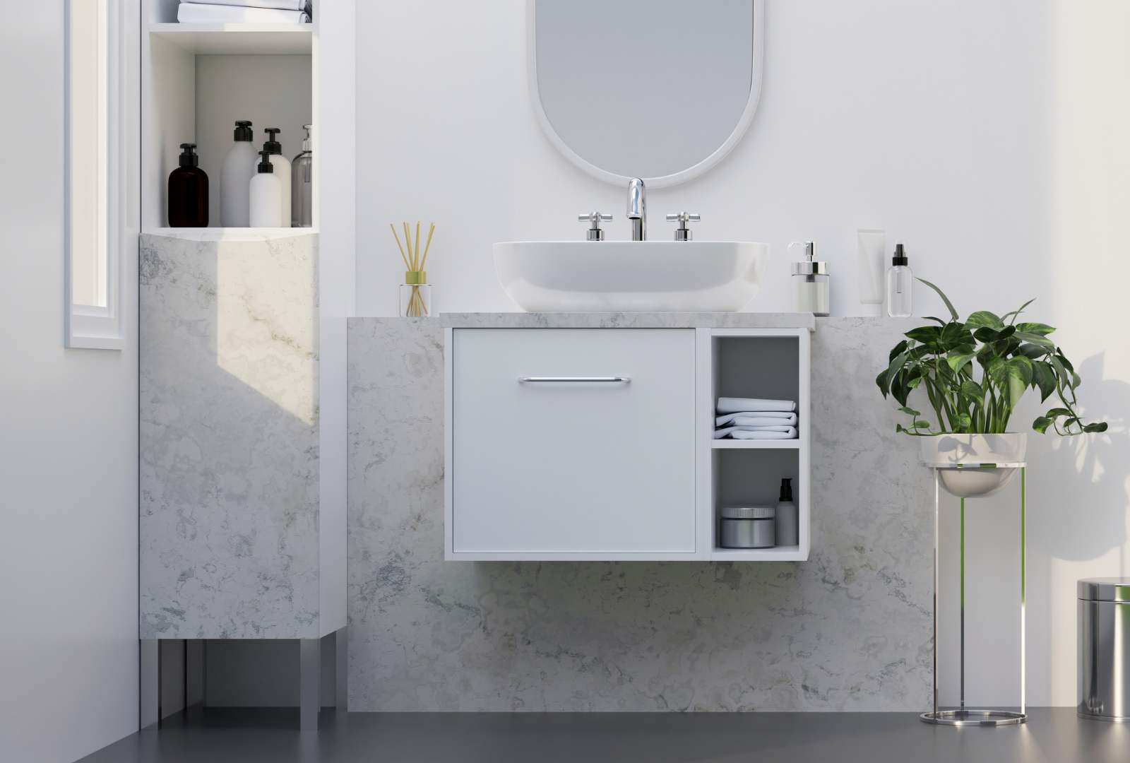 Modern stylish marble bathroom with toilet bowl, bathroom