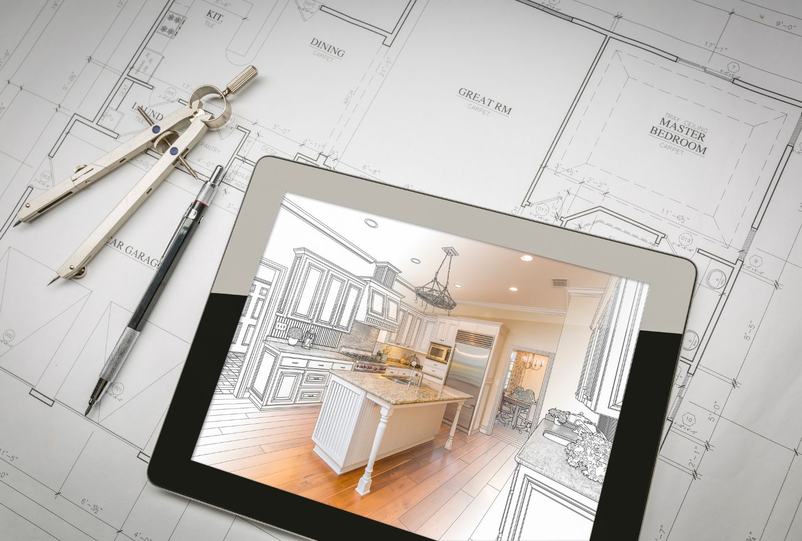 Computer Tablet Showing Kitchen Illustration on House Plans.