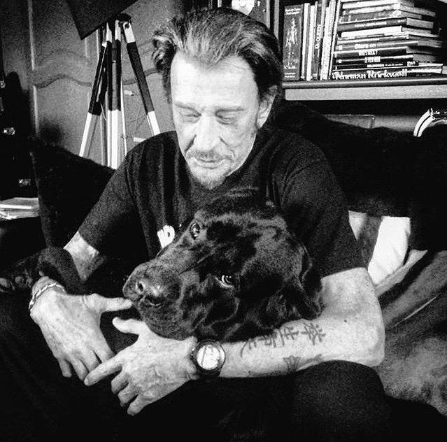 Johnny Hallyday avec son chien, un Labrador noir nommé Santos