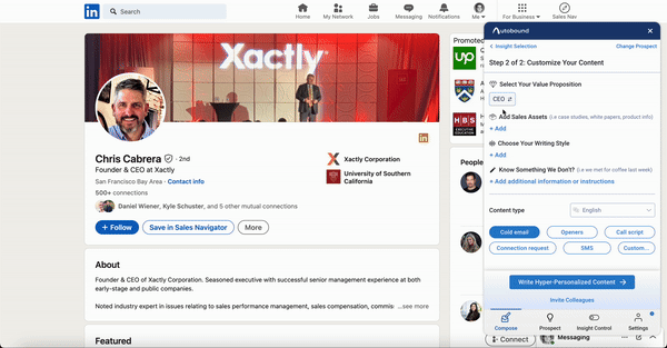 Autobound Chrome Extension compose tab with prospect insights and content generation