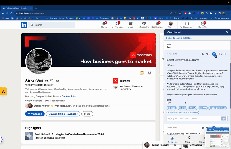 Autobound generating personalized content with insight selection and rewrite options