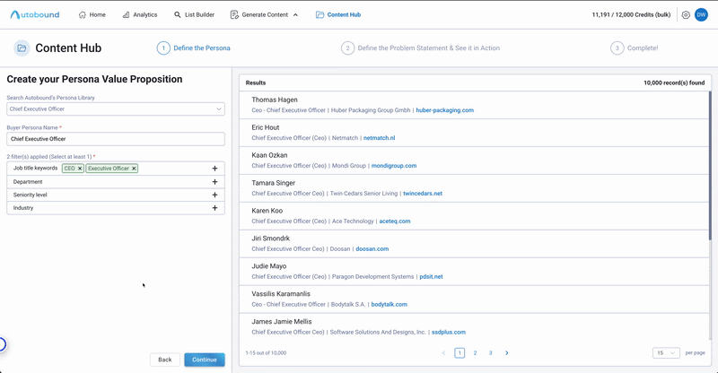 Creating buyer personas in Autobound Content Hub with AI-generated value propositions