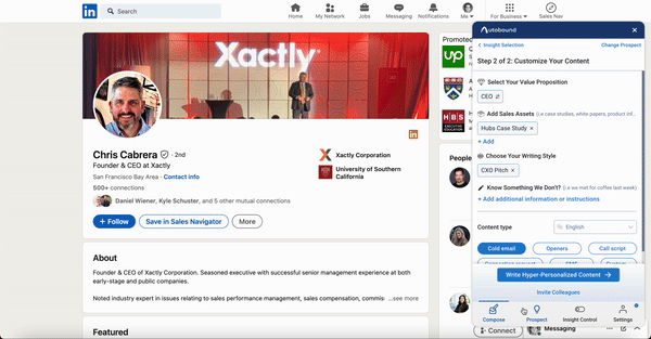 Autobound prospect insights panel showing data sources and personalization options
