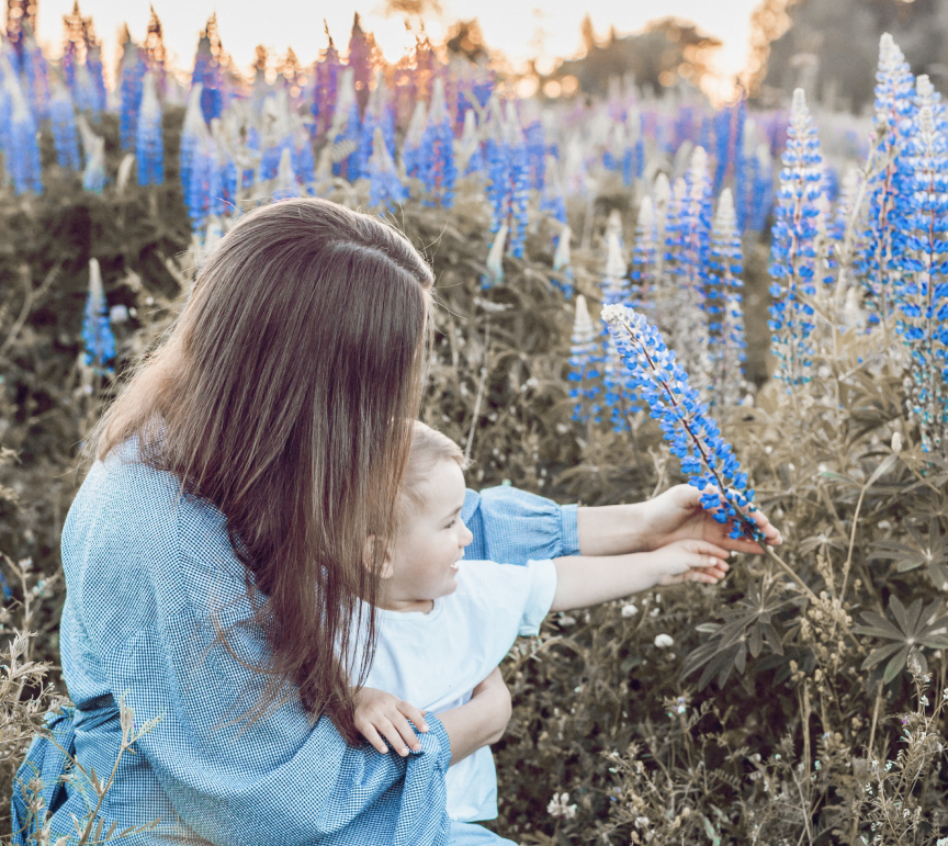 donna che tiene in braccio il suo bambino seduta in un campo di lavanda