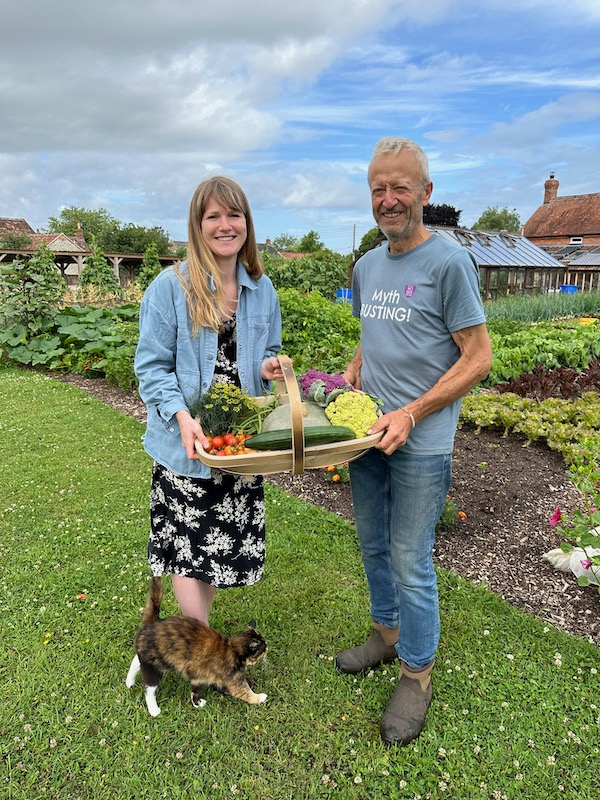 Anna Shepherd and Mintie the cat, vegetables for her book