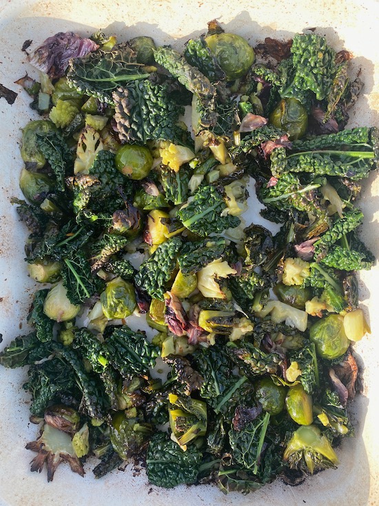 Roated greens, Brussels less bitter