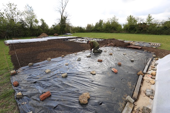 Adam planting potatoes through black polythene