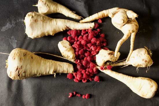 Same day harvest of parsnips and raspberries 21st November