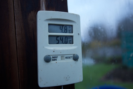 8th March showing a cool 4.3 C in the greenhouse and 54 C at the probe which is underneath the pallet of trays, near the top & in the middle