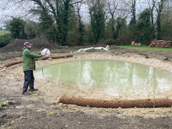 Adam throwing bentonite clay into the pond water