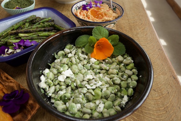 Broad beans with feta cheese and mint, these were harvested that morning! Super tasty
