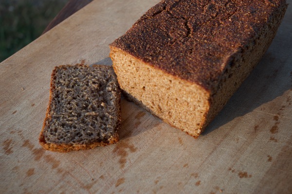 No knead rye bread slice shows structure