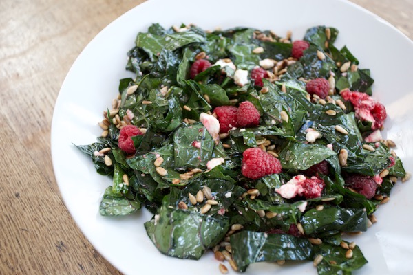 I would never have thought of this combination but the uncooked kale, rubbed with oil, is delicious with a few raspberries and also some raspberry vinegar, which is easy to make yourself