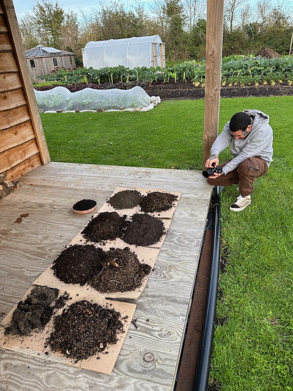 Alessandro Vitale of @spicymoustache, filming for a video about different types of compost and woodchip, is a reel on Instagram