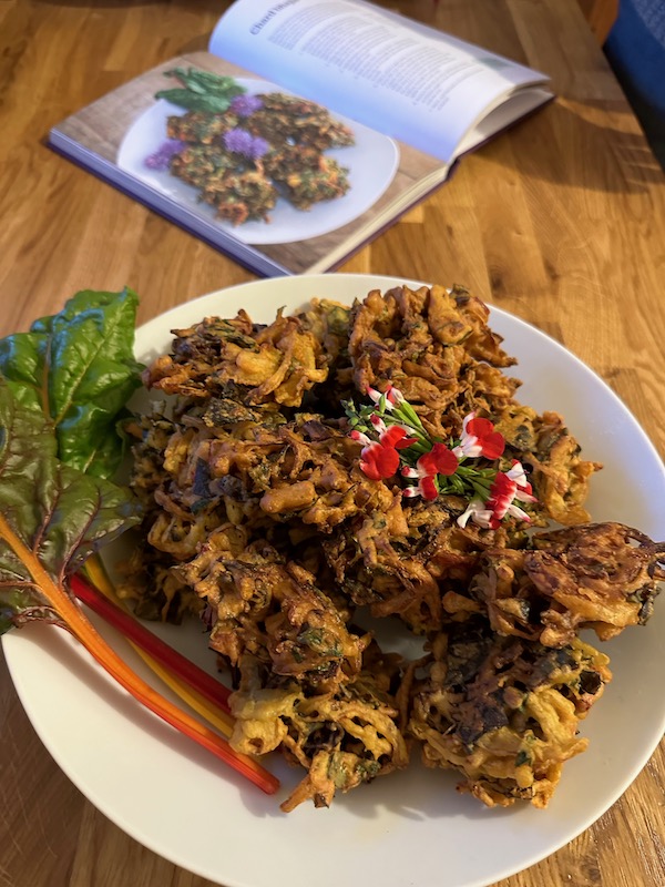 Chard and onion bhajis, made with gram flour so zero gluten, and I fried them rather than deep fried.