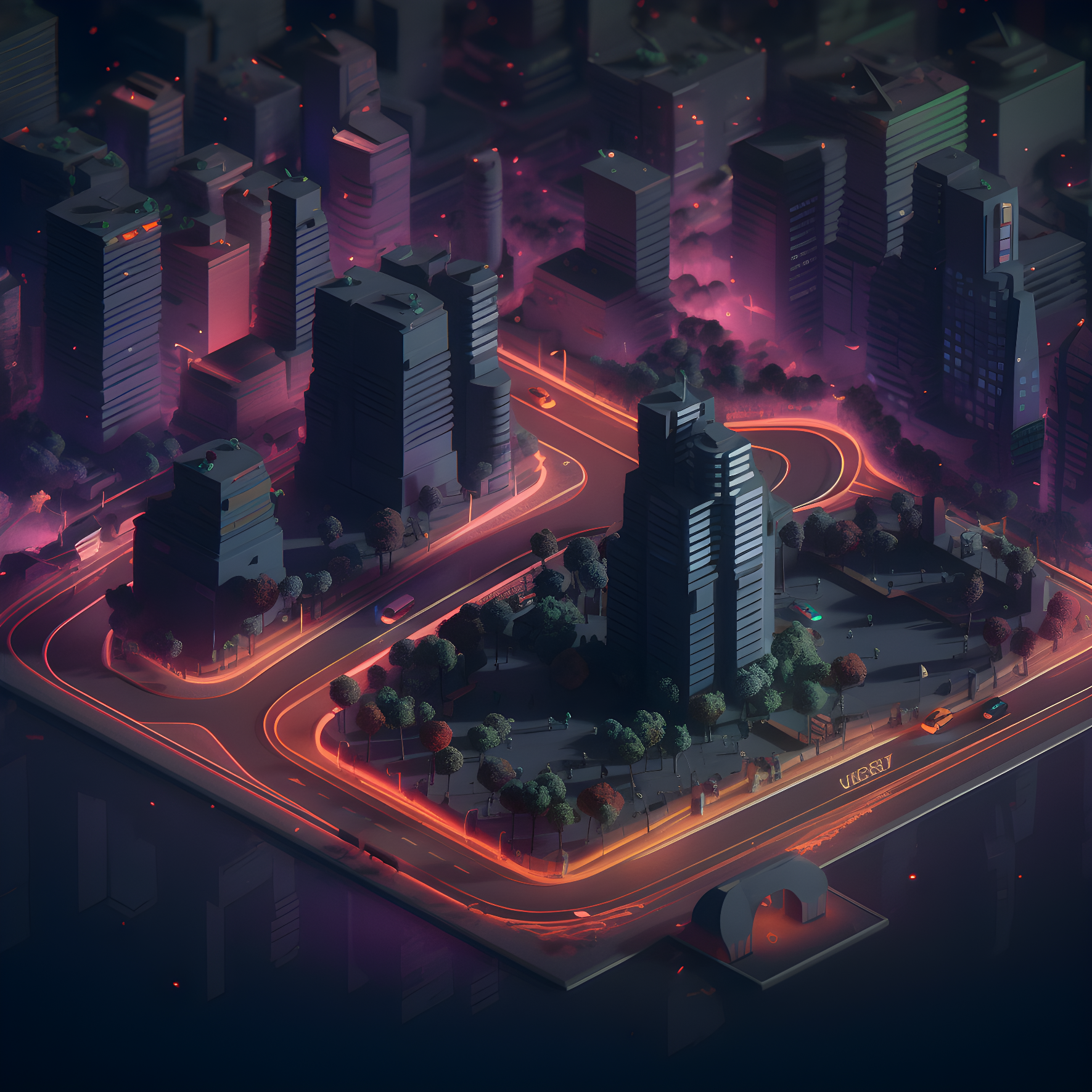 Cityscape in the style of neon realism, dark gray and orange, watercolor illustrations, hyper-realistic sci-fi scenery. 