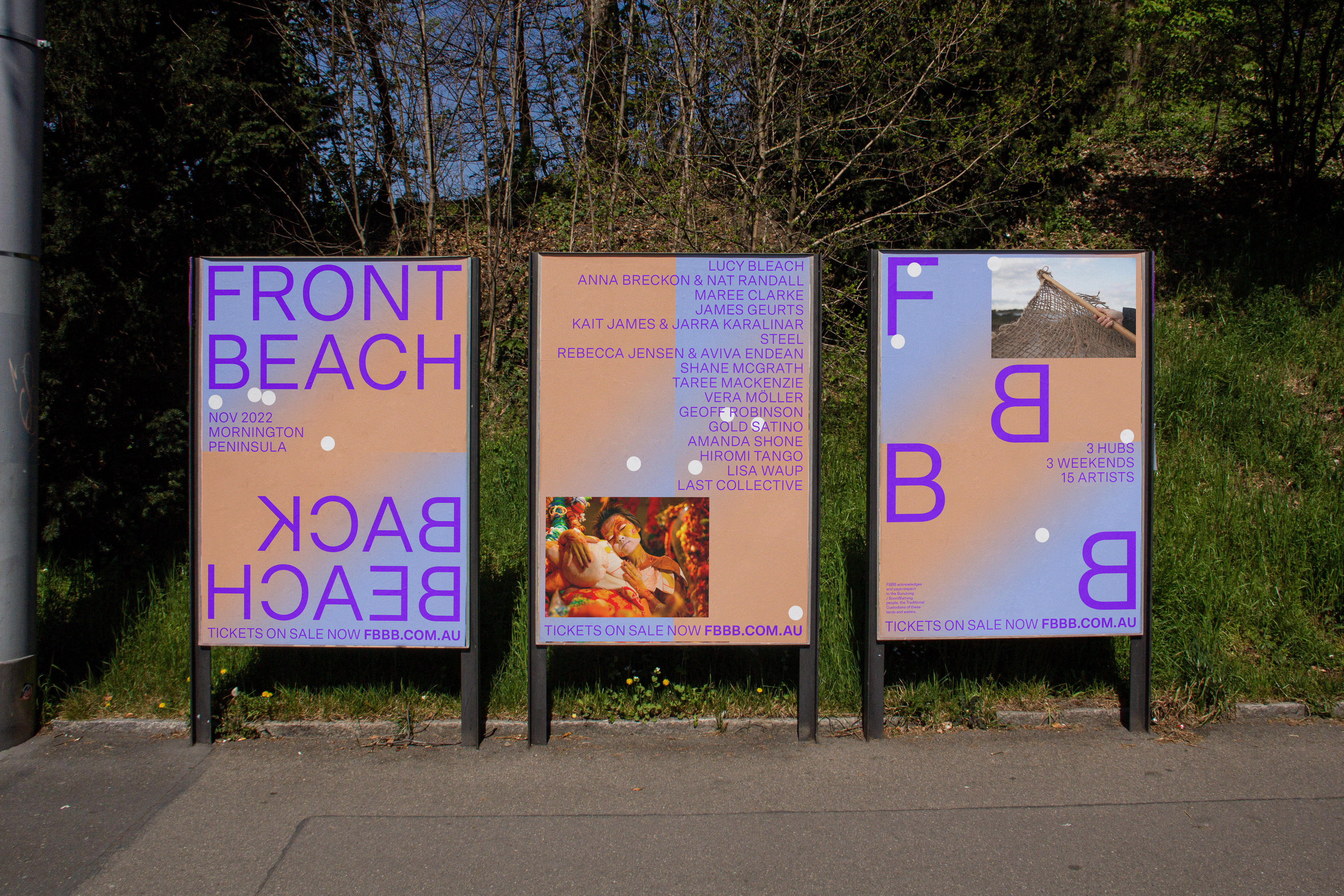 Three Front Beach Back Beach posters in front of trees