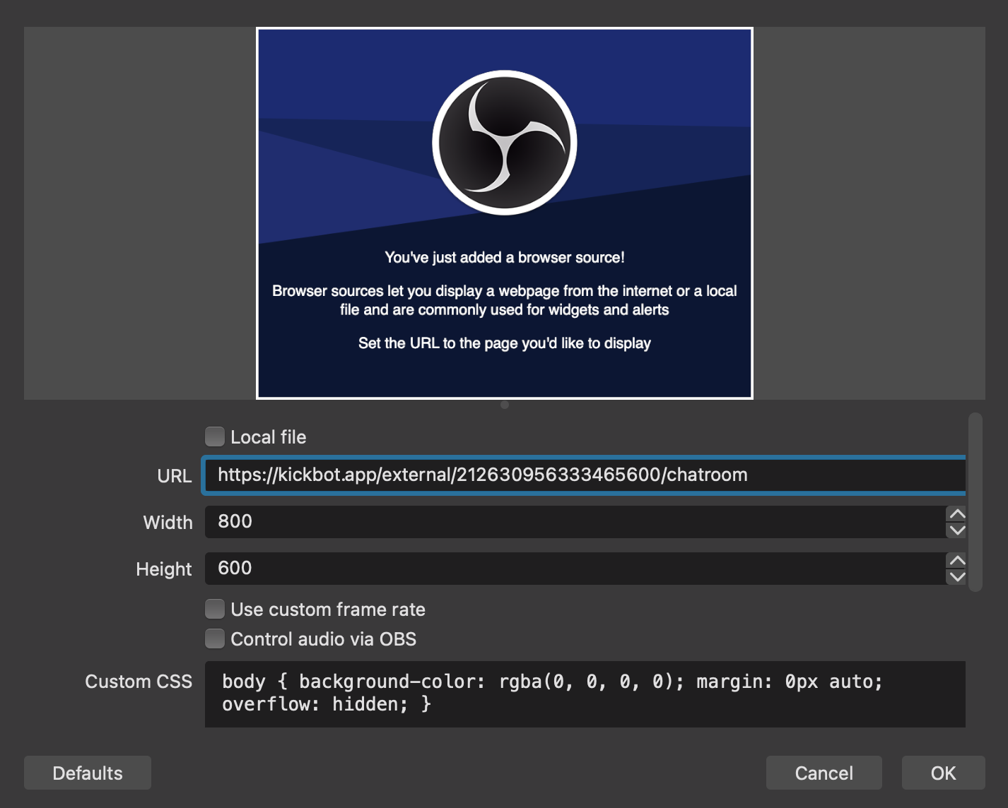 Enter the chat overlay widget URL into the OBS or Streamlabs browser source