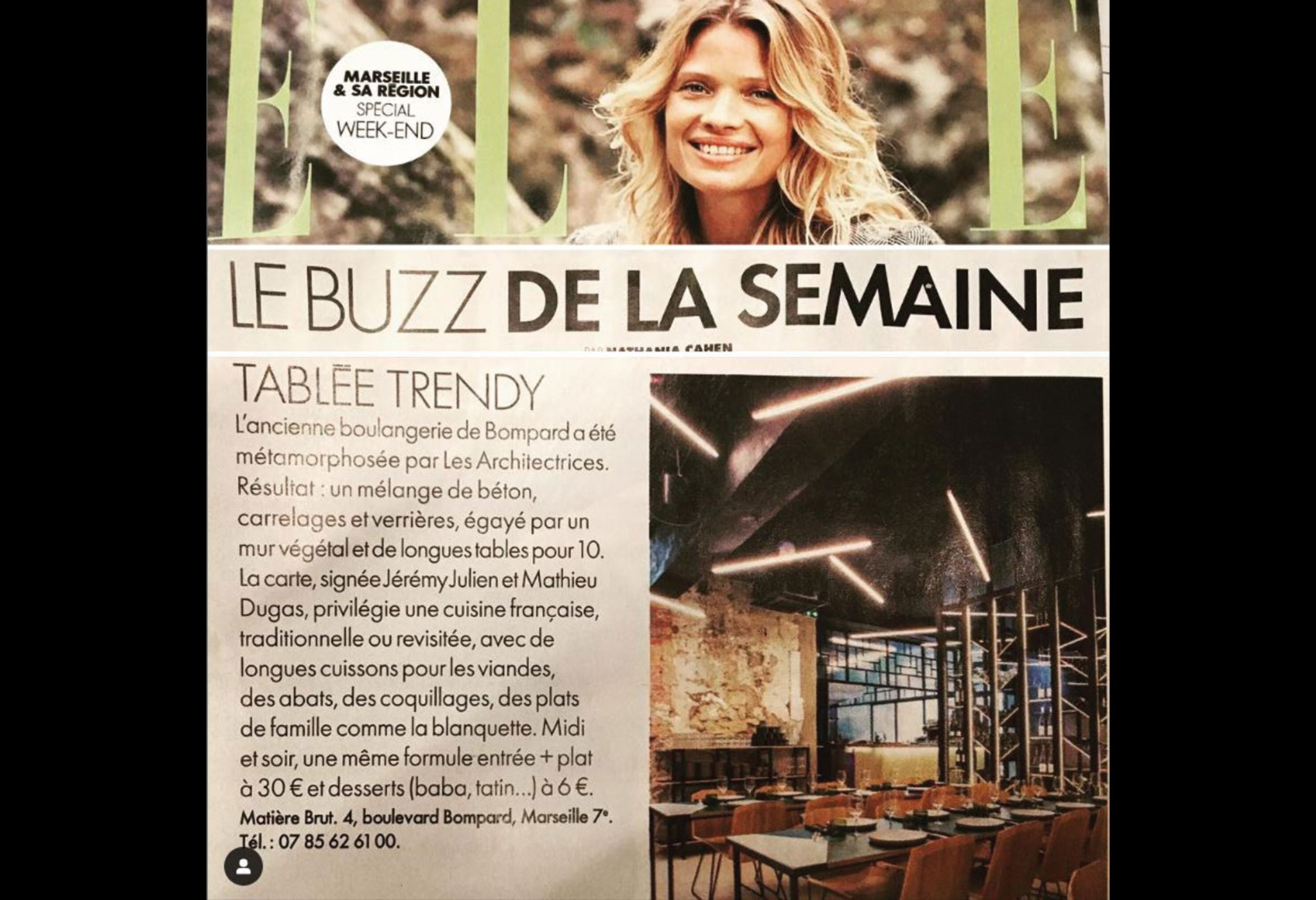 Notre réalisation, le Restaurant "Matière Brut" dans le magazine ELLE
