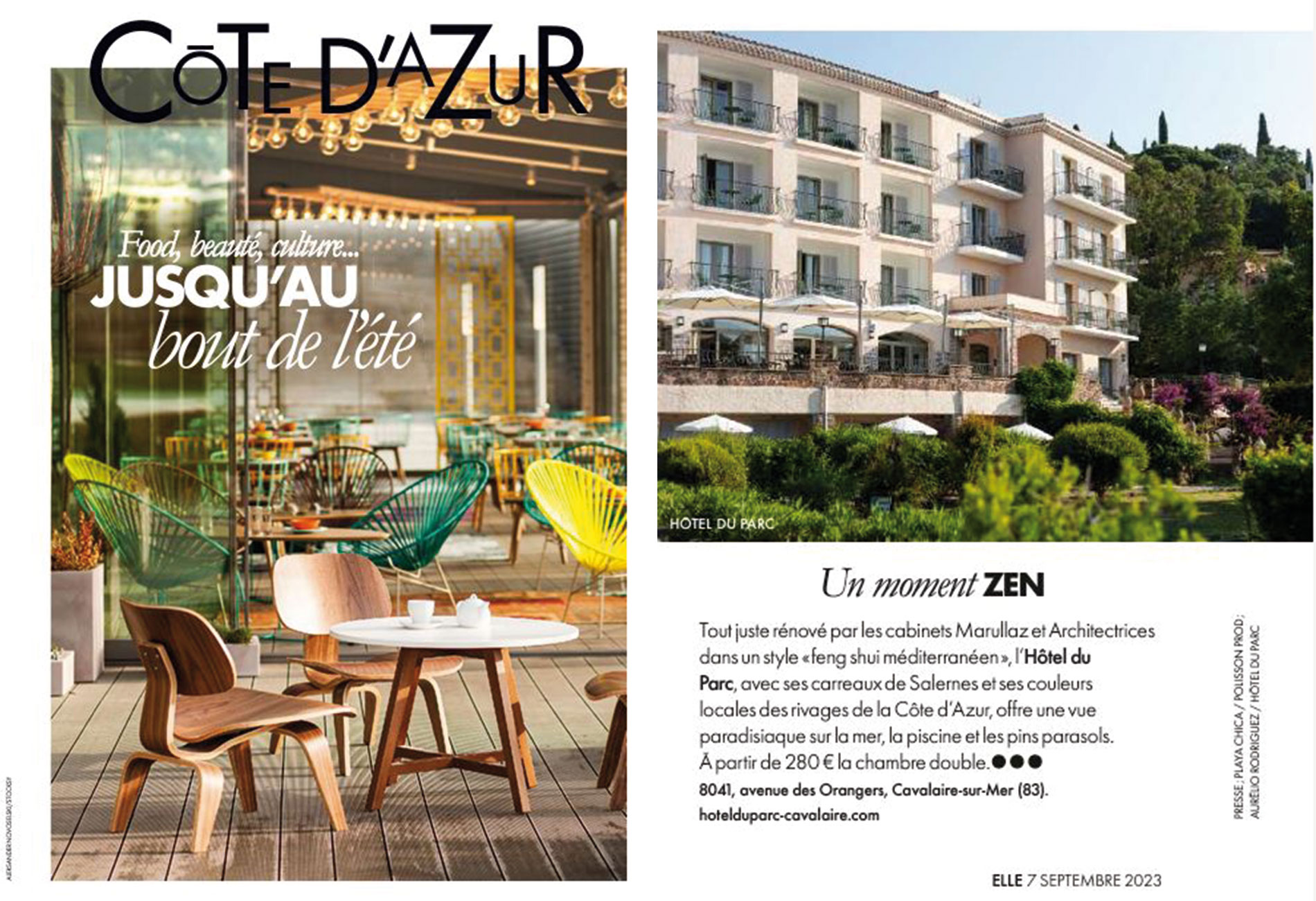 Notre réalisation Hôtel du Parc dans ELLE Côte d'Azur - "Un moment zen"