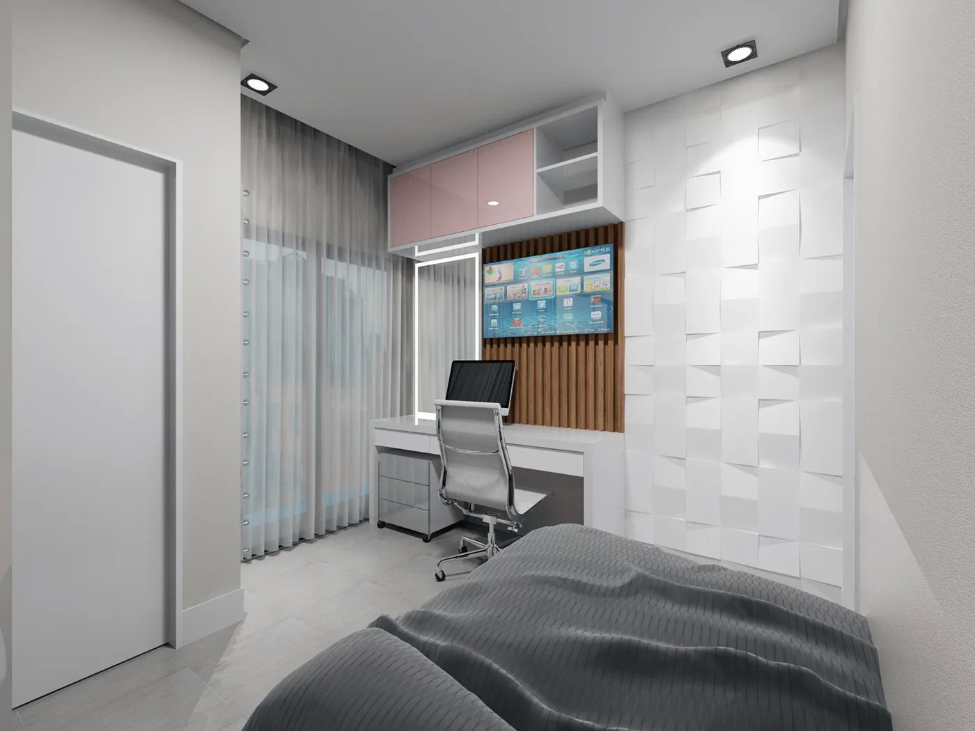 Imagem de um quarto, com uma cadeira e um computador ao fundo. 