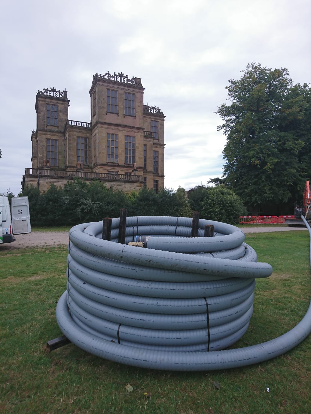 Heat main pipes infront of Hardwick Hall in Derbyshire