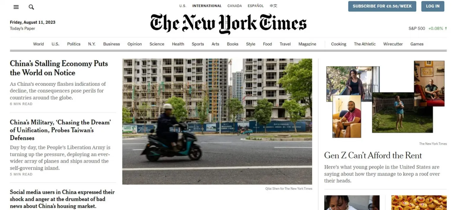 Screenshot of "The New York Times" Website header
