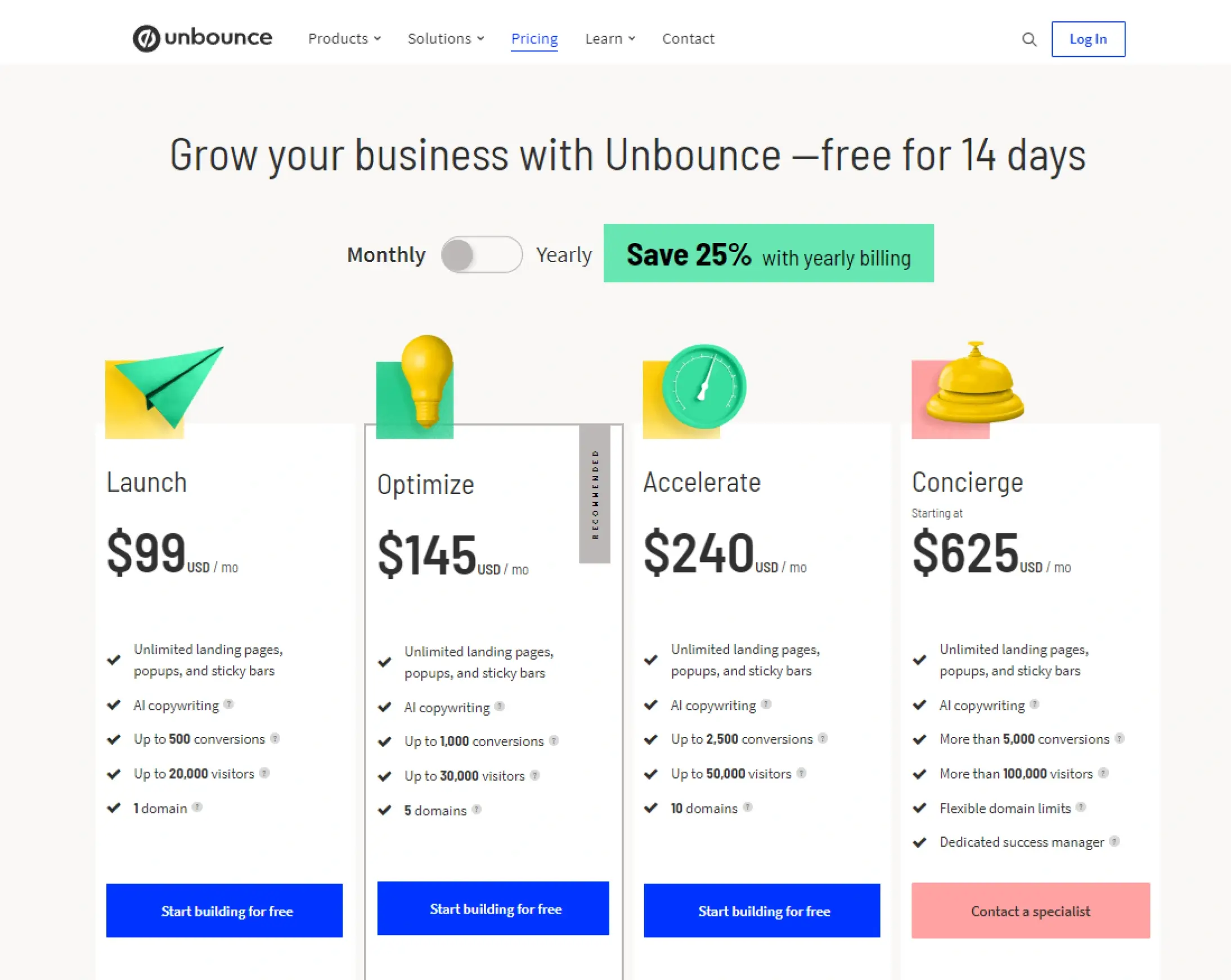 Unbounce pricing screenshot