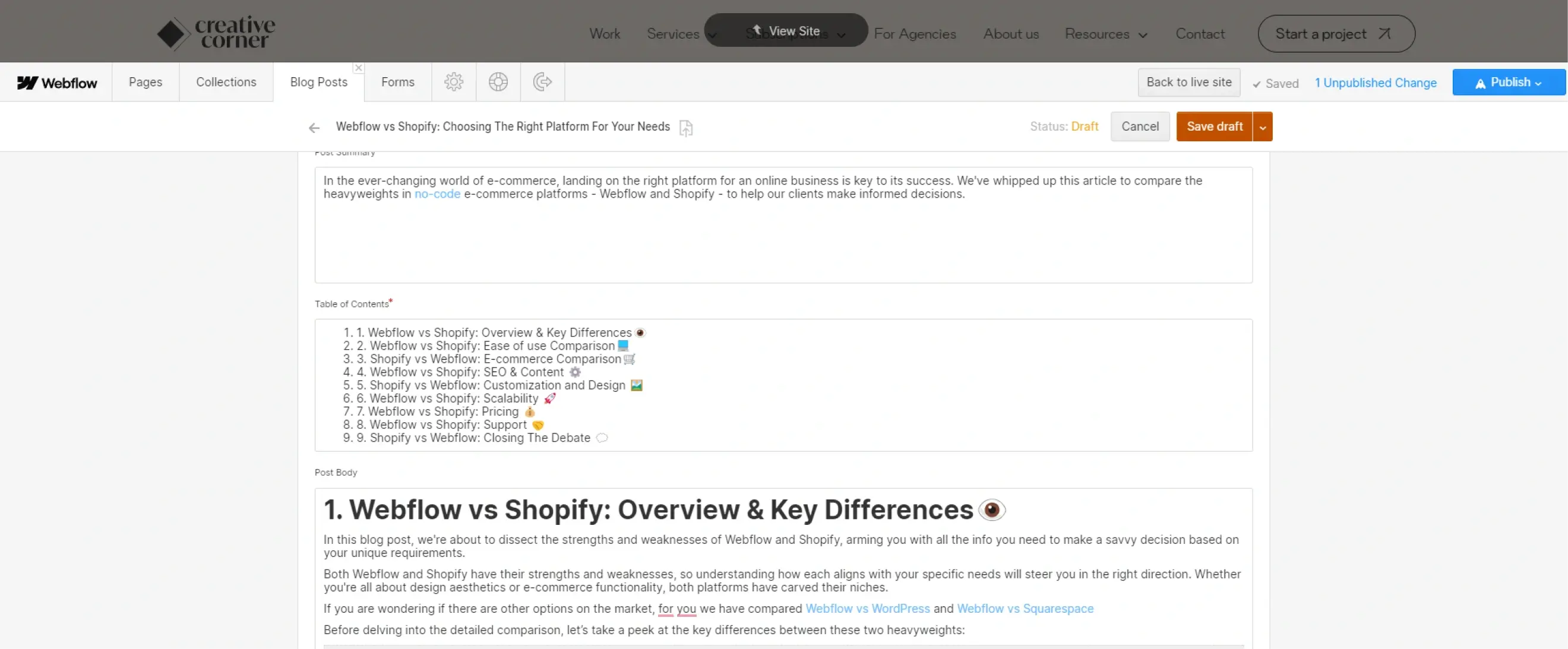 screenshot of webflow's editor for content
