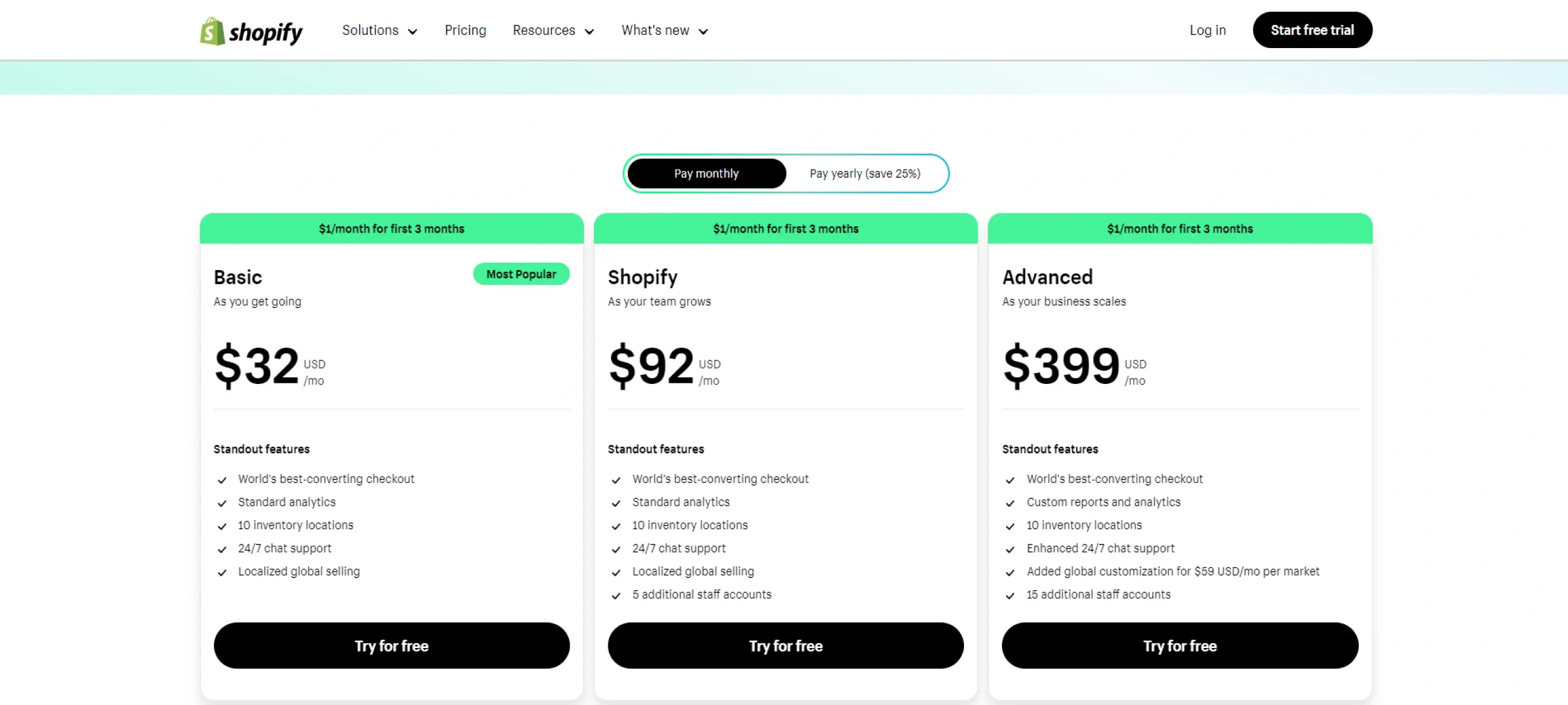screenshot of Shopify pricing