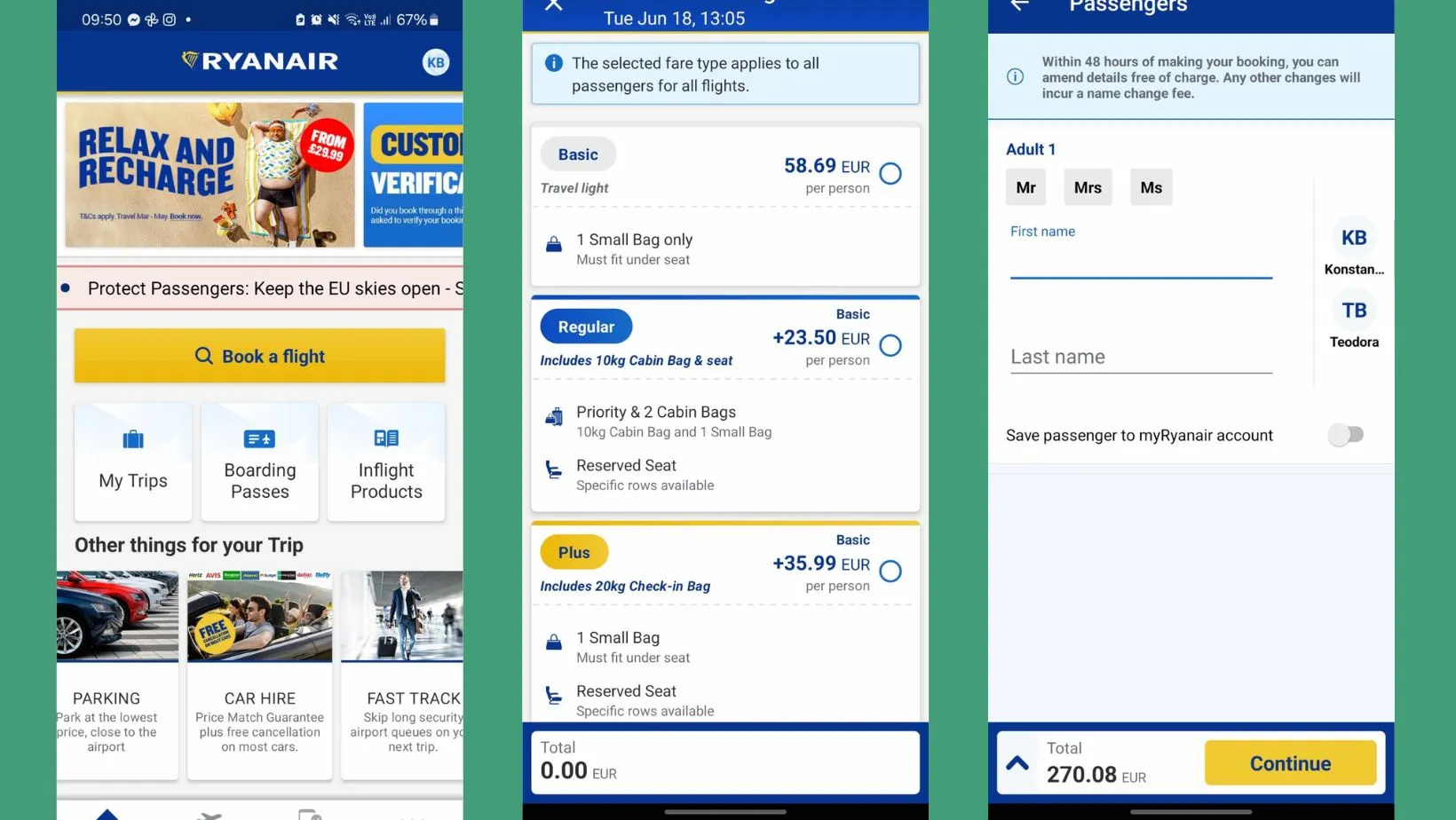 screenshot of RyanAir's website 