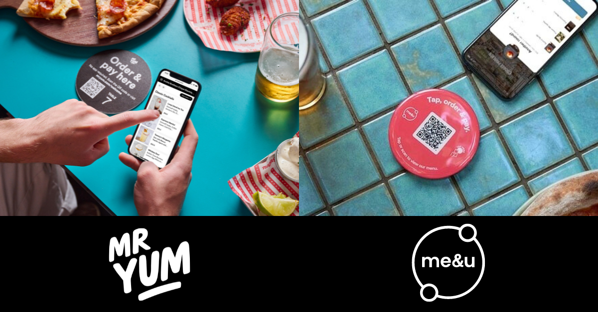 Two images comparing the QR code plastic beacons used by Mr Yum and me&u.